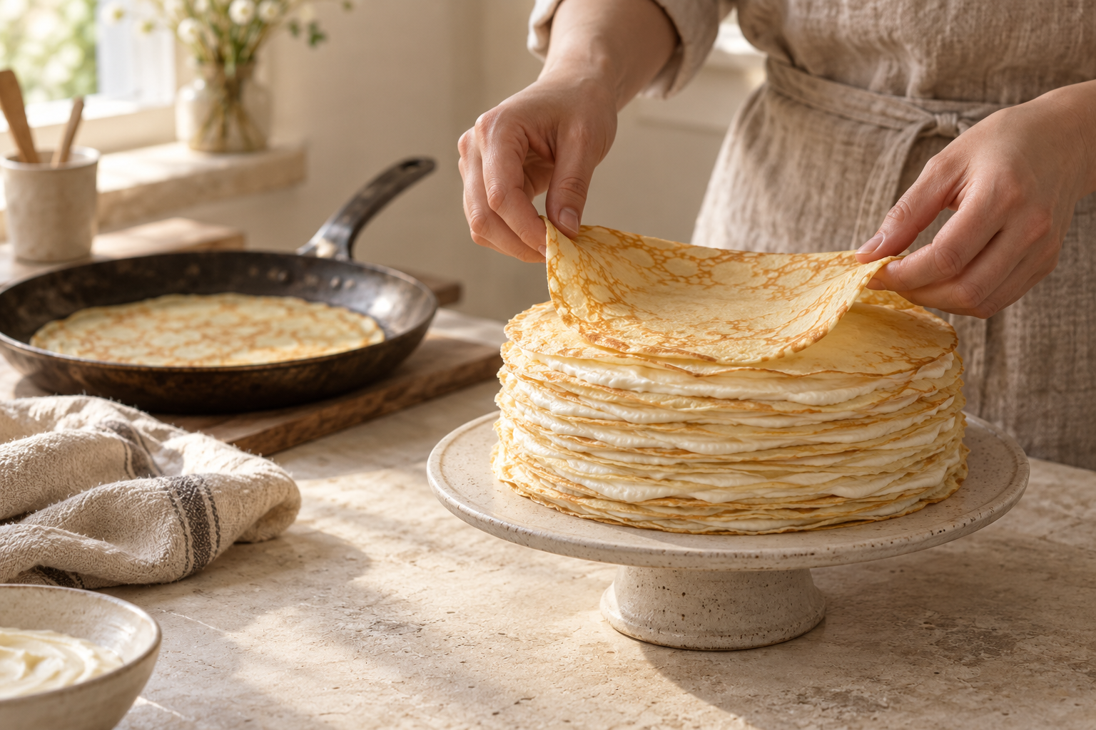 Conceptual illustration of hands layering French crêpes and cream