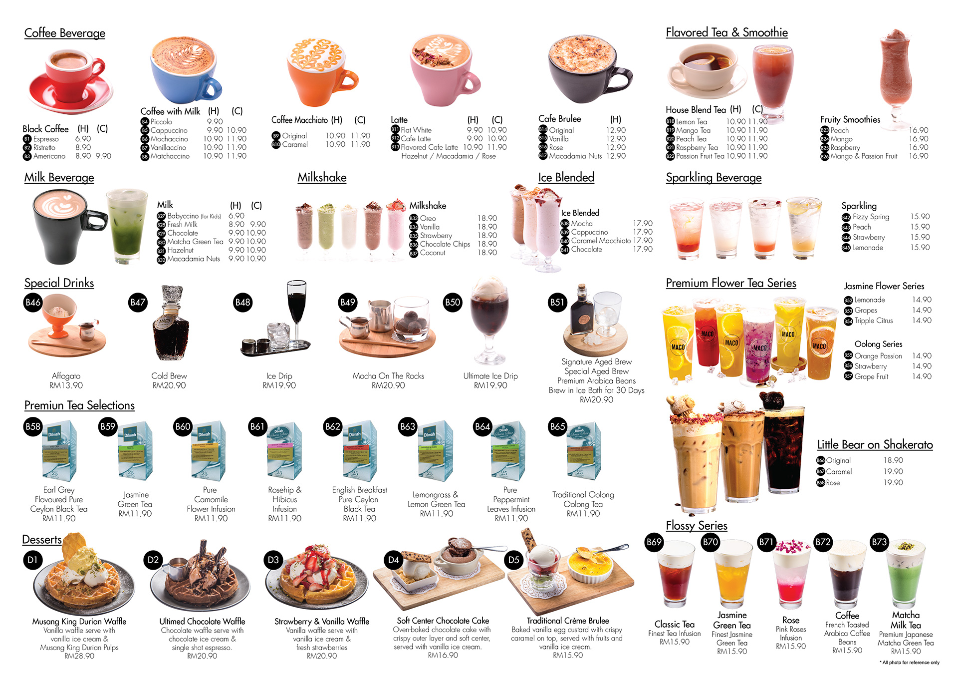 MACO BEVERAGES MENU Featured Mille Crepe Cake, Macaron, dessert and coffee house in Johor